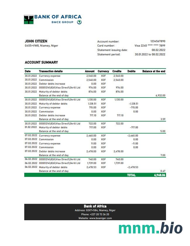Niger Bank Of Africa wyciąg bankowy Excel i szablon PDF
